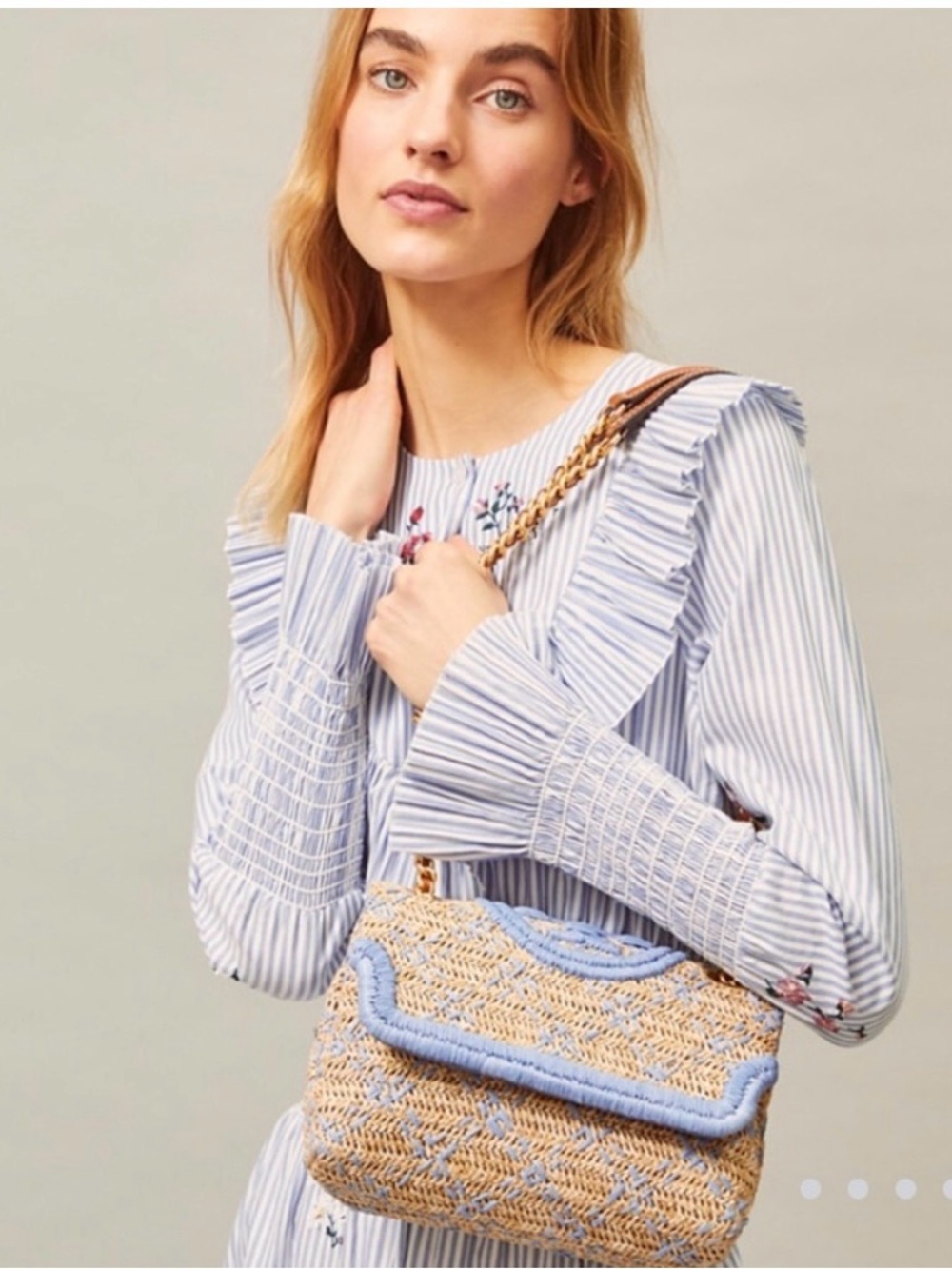 Tory Burch Fleming Soft Straw Small Convertible Shoulder Bag Blue Raffia